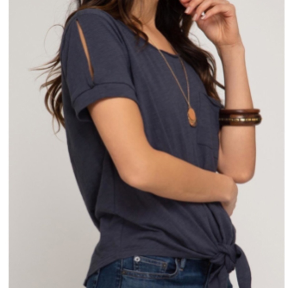 She + Sky Navy Blue Slit Sleeve Tee Size Small